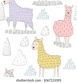 hand drawn vector seamless pattern with llamas