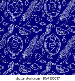 Hand drawn vector seamless pattern mermaid. Cartoon style. 