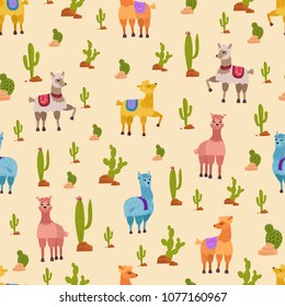 Hand drawn vector seamless pattern with cute lama alpaca, cactus and stones.