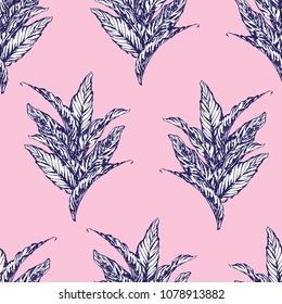 Hand drawn vector seamless pattern. leaves of exotic, tropical plant