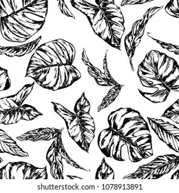 Hand drawn vector seamless pattern. leaves of exotic, tropical plant