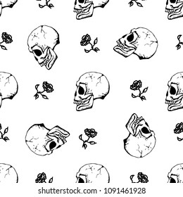 Hand drawn vector seamless pattern. Skull and rose texture.