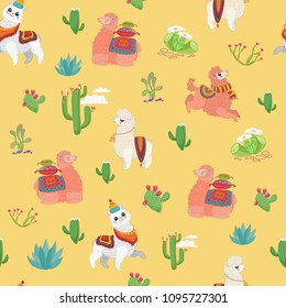 Hand drawn vector seamless pattern with cute lama alpaca, cactus and other plant herbs.