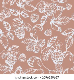Hand drawn vector seamless pattern with raspberry on brown. Ink drawn engraved illustration in realistic style for print, fabric, textile, wrapping, paper and other seamless food design.