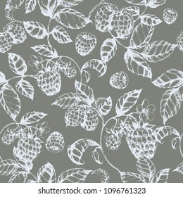 Hand drawn vector seamless pattern with raspberry. Ink drawn engraved illustration in realistic style for print, fabric, textile, wrapping, paper and other seamless food design. Grey backyard.