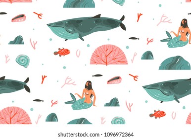 Hand drawn vector seamless pattern with big whale,fishes and bohemian mermaid girls characters isolated on white background.