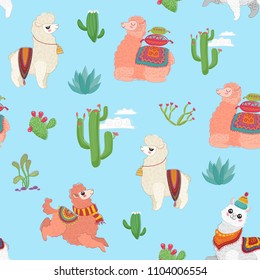 Hand drawn vector seamless pattern with cute lama alpaca, cactus and other plant herbs.