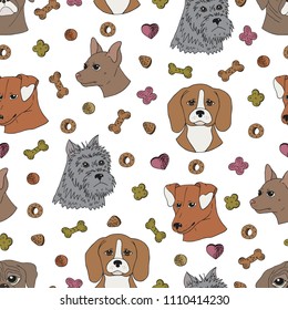 Hand drawn vector seamless pattern with dog’s heads. Set of different breeds of dogs.