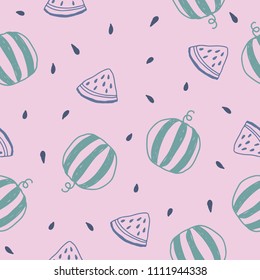 Hand drawn vector seamless pattern with watermelons and watermelon slices. Tropical summer fruit illustration in pink colors.