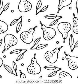 Hand drawn vector seamless pattern with pears and leaves. Cute outline fruit illustration in black and white colors.