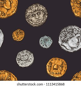 Hand drawn vector seamless pattern ancient Rome gold and silver coins