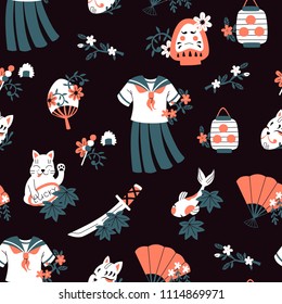 Hand Drawn Vector Seamless Pattern with Flowers and Japan Symbols in Doodle Style.