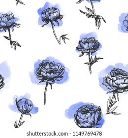 Hand drawn vector seamless pattern with sketch of peonies and blue watercolor splashes.