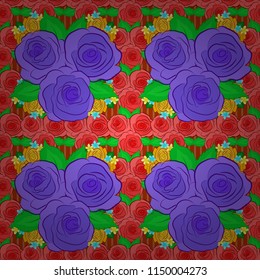 Hand drawn vector seamless pattern in orange, violet and green colors. Vintage watercolor roses with green leaves.