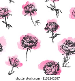 Hand drawn vector seamless pattern with sketch of peonies and pink watercolor splashes.