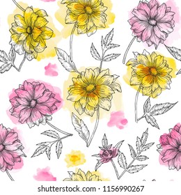 Hand drawn vector seamless pattern with sketch of dahlia and pink yellow watercolor splashes.