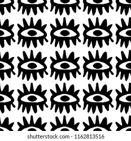 Hand drawn vector seamless pattern with Tribal sign ethnic. Sketch for your design, wallaper, textile, print. African culture. Fabric afro ornament. Eye art. Black color on white background.