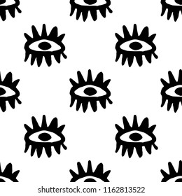 Hand drawn vector seamless pattern with Tribal sign ethnic. Sketch for your design, wallaper, textile, print. African culture. Fabric afro ornament. Eye art. Black color on white background.