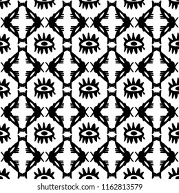 Hand drawn vector seamless pattern with Tribal sign ethnic. Sketch for your design, wallaper, textile, print. African culture. Fabric afro ornament. Eye fish art. Black color on white background.