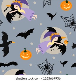 Hand drawn vector seamless pattern Halloween illustration cute cartoon little witch on crow, pumpkin, bat, web, spider, moon and stars for baby textile, apparel, cloth or decoration