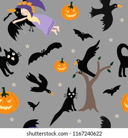 Hand drawn vector seamless pattern cute cartoon illustration halloween little witch girl, pumpkin, raven, tree, black cat and stars for textile, apparel, cloth texture or decoration