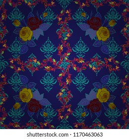Hand drawn vector seamless pattern in violet, blue and purple colors. Vintage watercolor roses.