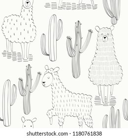 hand drawn vector seamless pattern with llamas