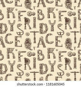 Hand drawn vector seamless pattern with mechanical letters. Steampunk style print.