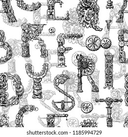 Hand drawn vector seamless pattern with mechanical letters. Steampunk style print.