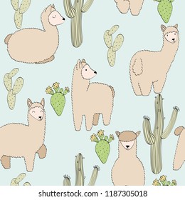 hand drawn vector seamless pattern with llamas