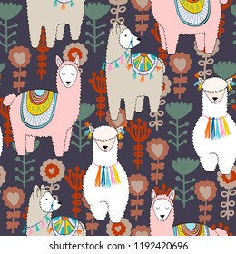 hand drawn vector seamless pattern with llamas