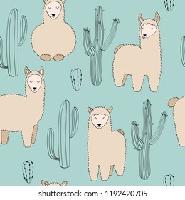 hand drawn vector seamless pattern with llamas