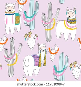 hand drawn vector seamless pattern with llamas