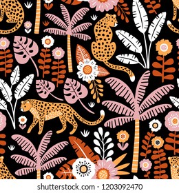 Hand drawn vector seamless pattern with leopards, palm trees and exotic plants on black background.  Perfect for fabric, wallpaper or wrapping paper.