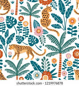 Hand drawn vector seamless pattern with leopards, palm trees and exotic plants on white background.  Perfect for fabric, wallpaper or wrapping paper.