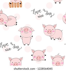 hand drawn vector seamless pattern with pigs.