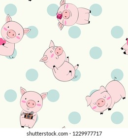 hand drawn vector seamless pattern with pigs.