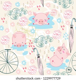 Hand drawn vector seamless pattern with pigs.