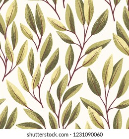 Hand drawn vector seamless pattern with green leaves and gentle texture.