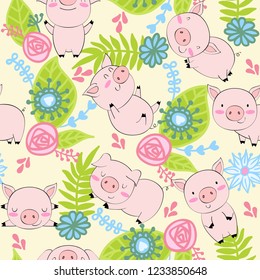 hand drawn vector seamless pattern with pigs.