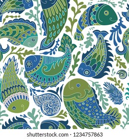 Hand drawn vector seamless pattern with Paisley fish. Stylized fishes like indian decorative elements. Design for textile, web, cover, postcard, invitation, fabric