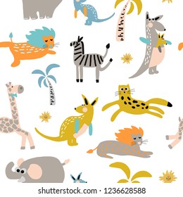 Hand drawn vector seamless pattern cute cartoon colorful illustration African animals, sun and palm tree on the white background for baby textile, cloth, linen texture, wallpaper or home decoration