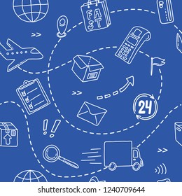 Hand drawn vector seamless pattern for delivery service company design. Delivery service branding background in outline style.