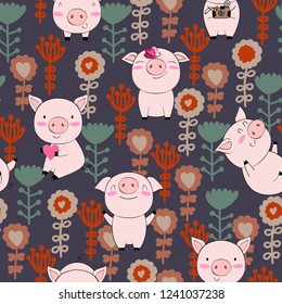 hand drawn vector seamless pattern with pigs.