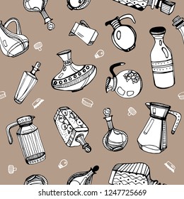 Hand drawn vector seamless pattern of decorative decanters.
