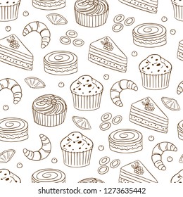 Hand drawn vector seamless pattern with different types of cakes