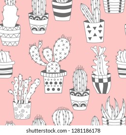 Hand drawn vector seamless pattern with cute colourful cactuses. Beautiful floral design elements, perfect for prints and patterns.