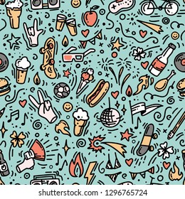 Hand drawn vector seamless pattern, marker outlines, for bar, banner, menu, beer or music festival, young people event, outdoor activities, picnic. Food and beverage doodles