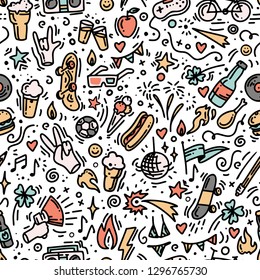 Hand drawn vector seamless pattern, marker outlines, for bar, banner, menu, beer or music festival, young people event, outdoor activities, picnic. Food and beverage doodles