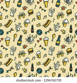 Hand drawn vector seamless pattern, marker outlines, for bar, banner, menu, beer or music festival, young people event, outdoor activities, picnic. Food and beverage doodles